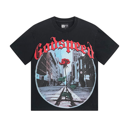 T-shirt noir délavé style vintage pour homme (impression artisanale) 1051