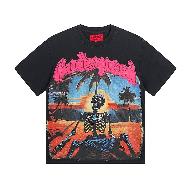 T-shirt noir délavé style vintage pour homme (impression artisanale) 1052