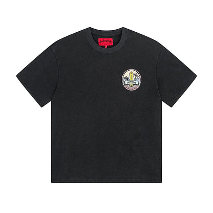 T-shirt noir délavé style vintage pour homme (impression artisanale) 1056