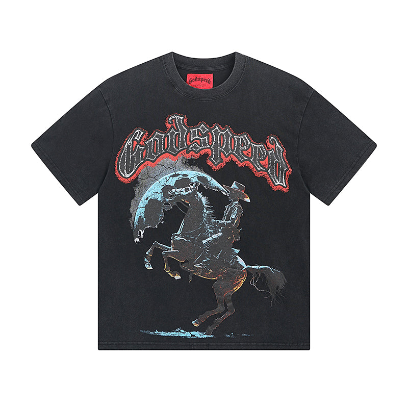 T-shirt homme bleu et noir style vintage délavé (impression artisanale) 1057