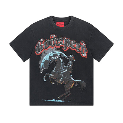 T-shirt homme bleu et noir style vintage délavé (impression artisanale) 1057