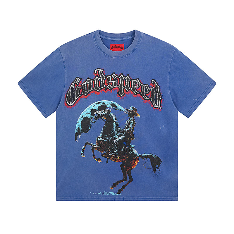 T-shirt homme bleu et noir style vintage délavé (impression artisanale) 1057