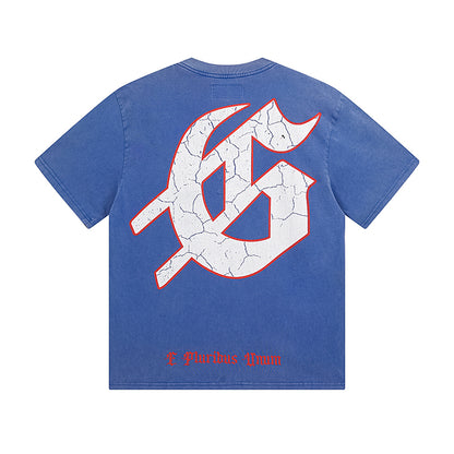 T-shirt homme bleu et noir style vintage délavé (impression artisanale) 1057