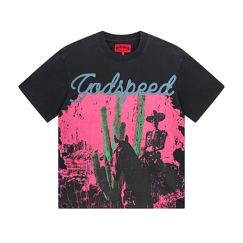 T-shirt noir délavé style vintage pour homme (impression artisanale) 1058