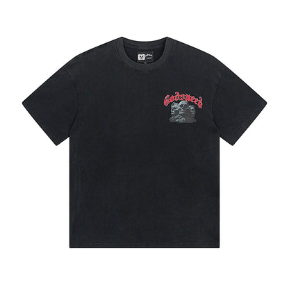 T-shirt noir délavé style vintage pour homme (impression artisanale) 1059