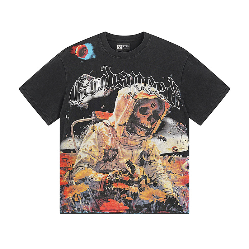 T-shirt noir délavé style vintage pour homme (impression artisanale) 1063