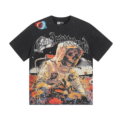 T-shirt noir délavé style vintage pour homme (impression artisanale) 1063