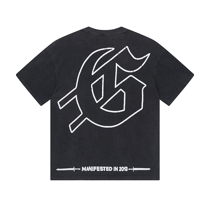 T-shirt noir délavé style vintage pour homme (impression artisanale) 1065