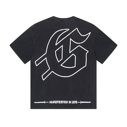 T-shirt noir délavé style vintage pour homme (impression artisanale) 1065