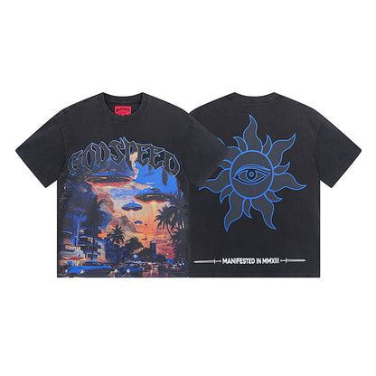 T-shirt noir délavé style vintage pour homme (impression artisanale) 1066