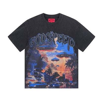 T-shirt noir délavé style vintage pour homme (impression artisanale) 1066