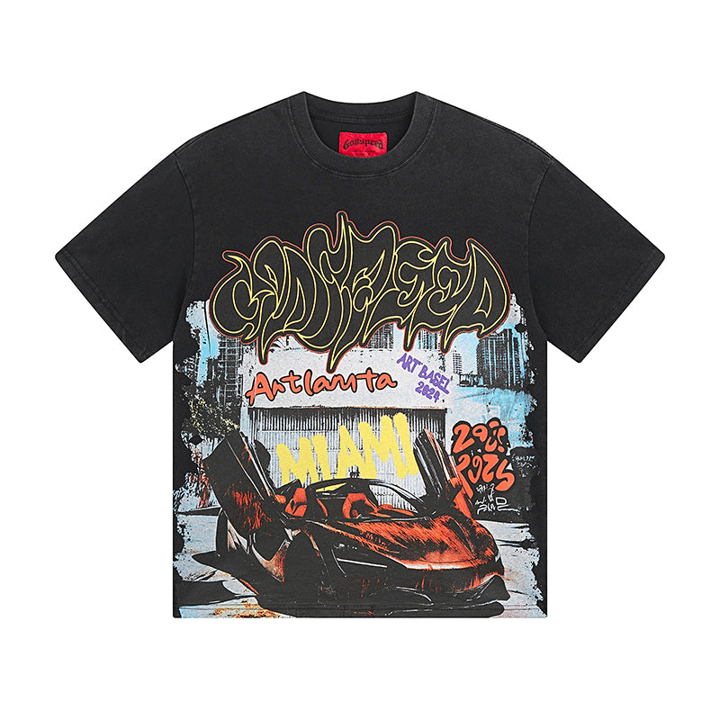 T-shirt noir délavé style vintage pour homme (impression artisanale) 1071