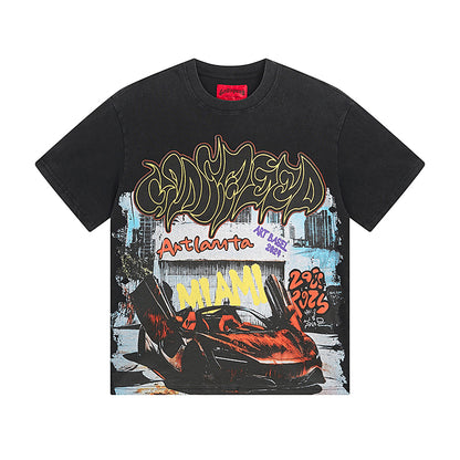 T-shirt noir délavé style vintage pour homme (impression artisanale) 1071