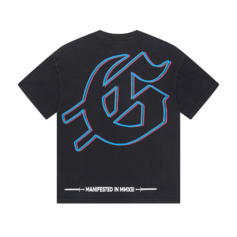 T-shirt noir délavé style vintage pour homme (impression artisanale) 1075