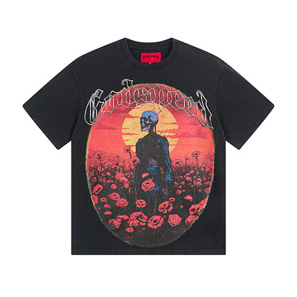 T-shirt noir délavé style vintage pour homme (impression artisanale) 1077