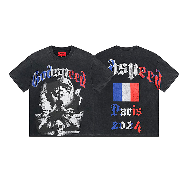T-shirt noir délavé style vintage pour homme (impression artisanale) 1078