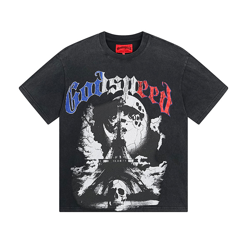 T-shirt noir délavé style vintage pour homme (impression artisanale) 1078