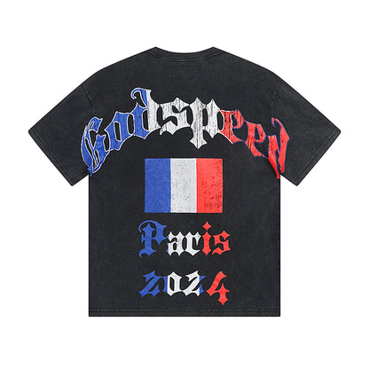 T-shirt noir délavé style vintage pour homme (impression artisanale) 1078