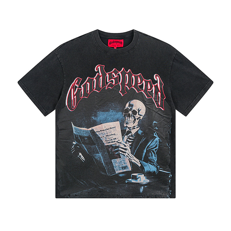 T-shirt noir délavé style vintage pour homme (impression artisanale) 1079