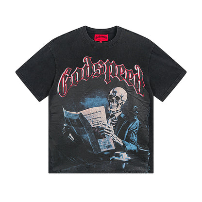 T-shirt noir délavé style vintage pour homme (impression artisanale) 1079