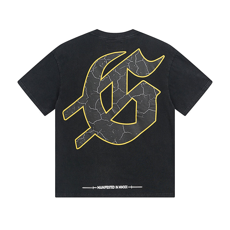 T-shirt noir délavé style vintage pour homme (impression artisanale) 1080