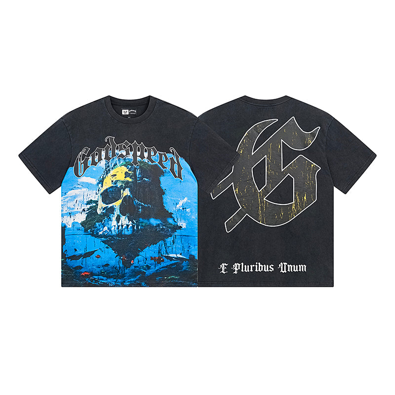 T-shirt noir délavé style vintage pour homme (impression artisanale) 1083
