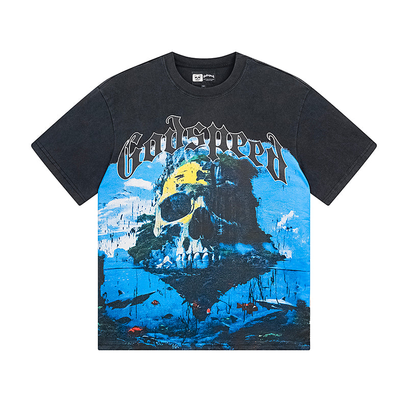 T-shirt noir délavé style vintage pour homme (impression artisanale) 1083