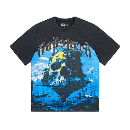 T-shirt noir délavé style vintage pour homme (impression artisanale) 1083