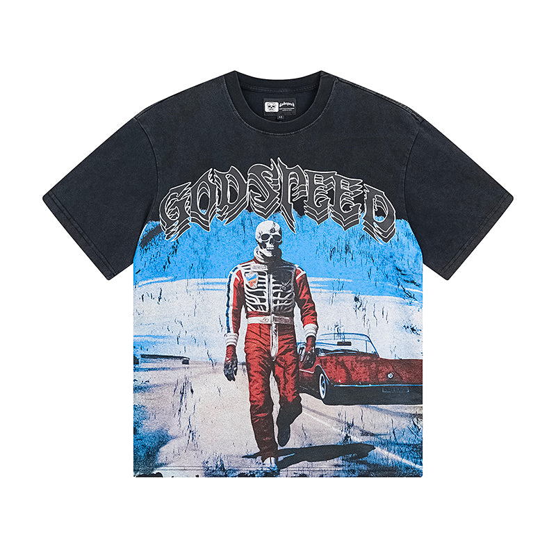 T-shirt noir délavé style vintage pour homme (impression artisanale) 1087