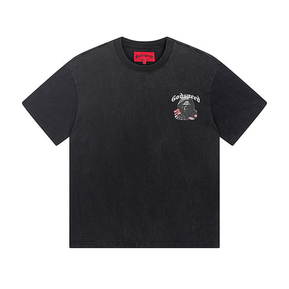T-shirt noir délavé style vintage pour homme (impression artisanale) 1088