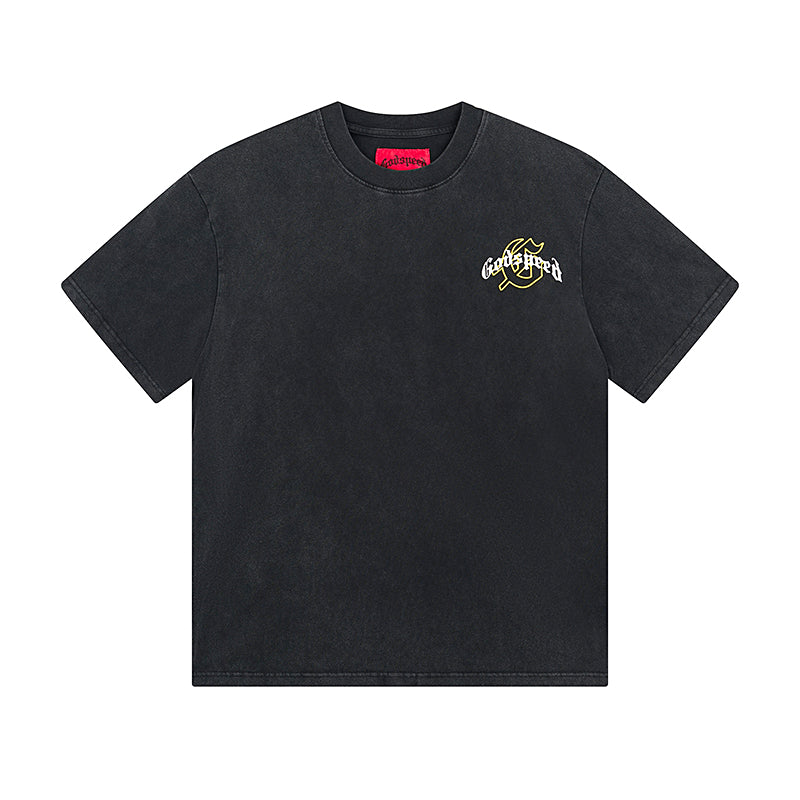 T-shirt noir délavé style vintage pour homme (impression artisanale) 1091