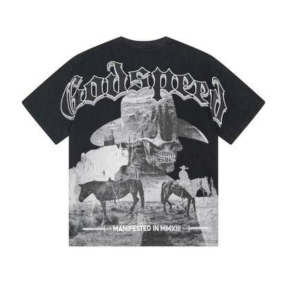 T-shirt noir délavé style vintage pour homme (impression artisanale) 1092