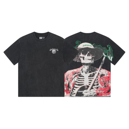 T-shirt noir délavé style vintage pour homme (impression artisanale) 1093