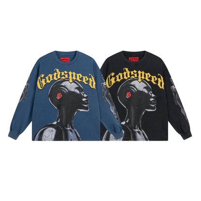 Blue & Black Street Vintage Washed Long Sleeve T-Shirt (Crafted Print) 1096