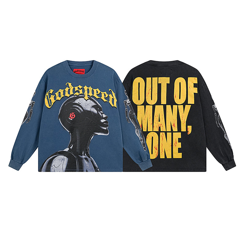 Blue & Black Street Vintage Washed Long Sleeve T-Shirt (Crafted Print) 1096