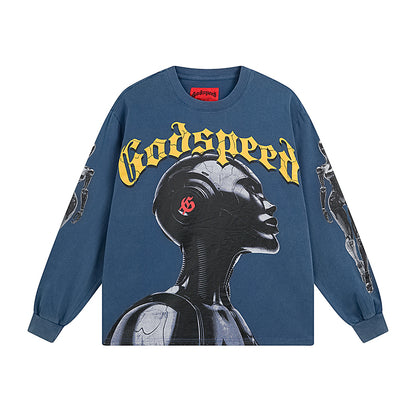 Blue & Black Street Vintage Washed Long Sleeve T-Shirt (Crafted Print) 1096
