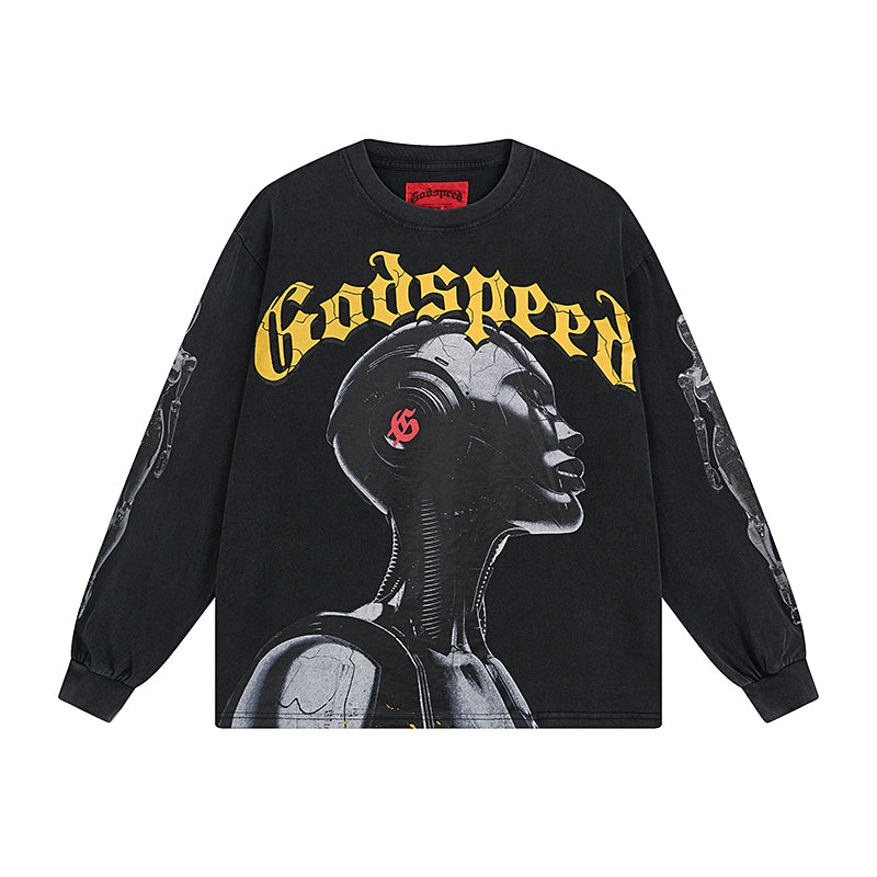 Blue & Black Street Vintage Washed Long Sleeve T-Shirt (Crafted Print) 1096