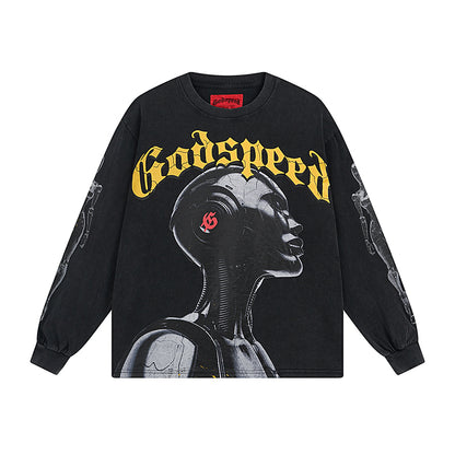 Blue & Black Street Vintage Washed Long Sleeve T-Shirt (Crafted Print) 1096