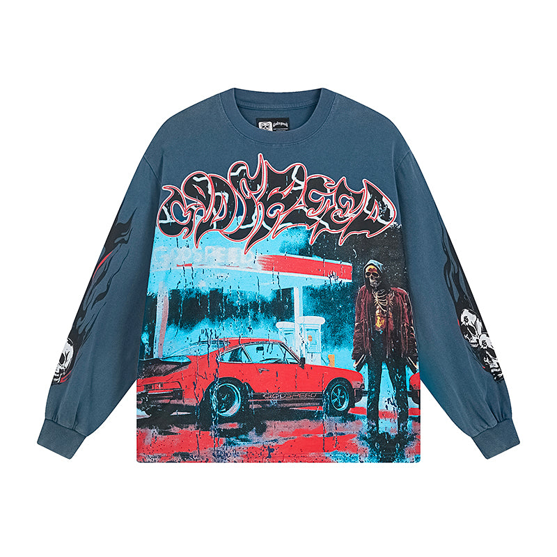 T-shirt à manches longues pour homme, bleu et noir, style vintage, imprimé artisanal, référence 1101