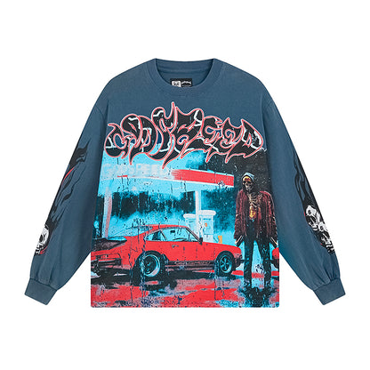 T-shirt à manches longues pour homme, bleu et noir, style vintage, imprimé artisanal, référence 1101