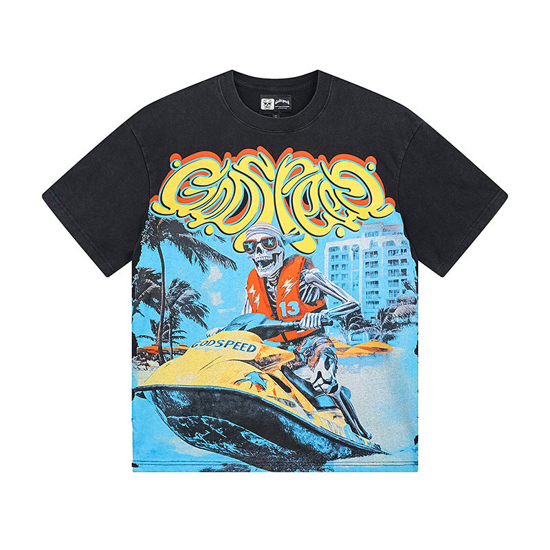 T-shirt noir délavé style vintage pour homme (impression artisanale) 1111