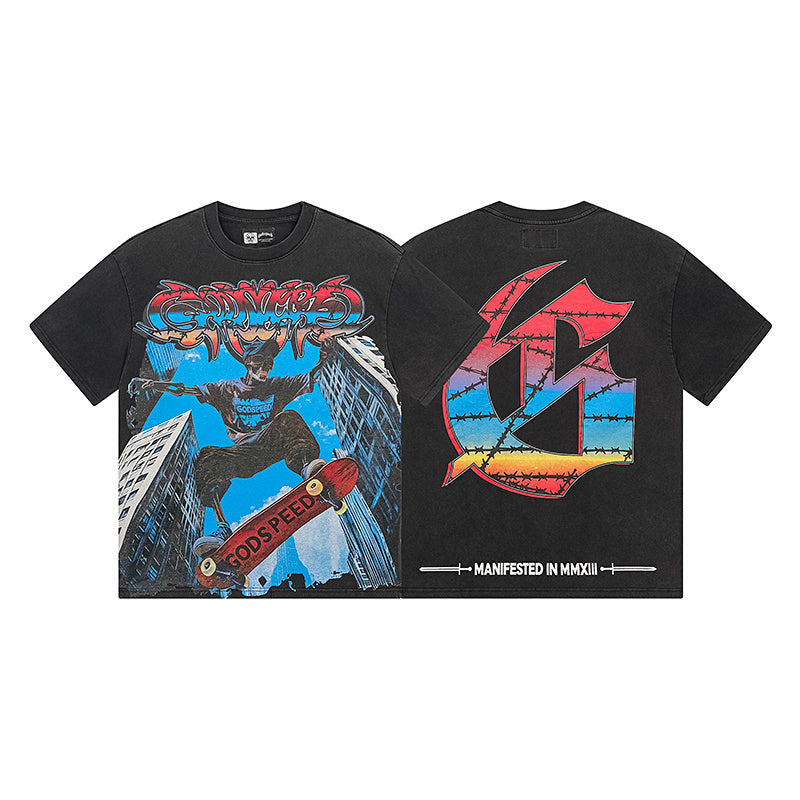Black Street Vintage Washed T-Shirt (Crafted Print) 1128