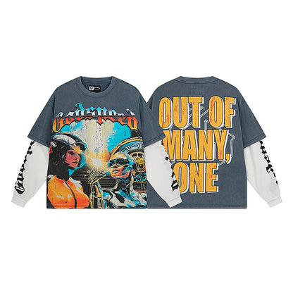Blue & Black Street Vintage Washed Layered T-Shirt (Crafted Print) 1153