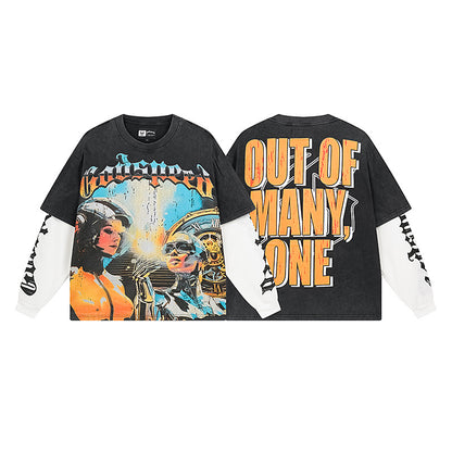 Blue & Black Street Vintage Washed Layered T-Shirt (Crafted Print) 1153