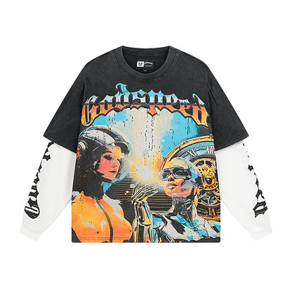 Blue & Black Street Vintage Washed Layered T-Shirt (Crafted Print) 1153