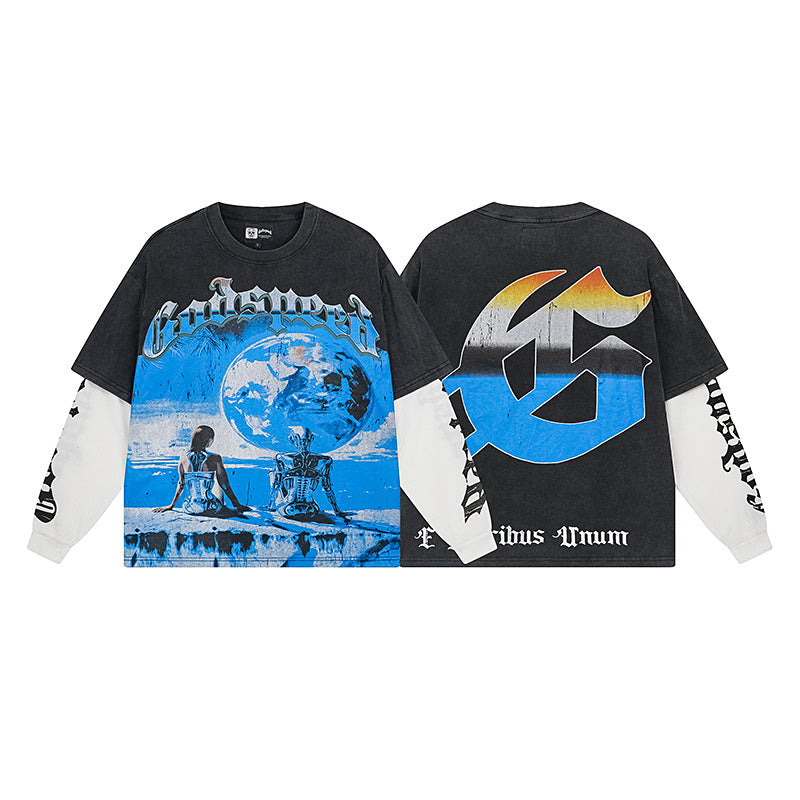 Black Street Vintage Washed Layered T-Shirt (Crafted Print) 1155