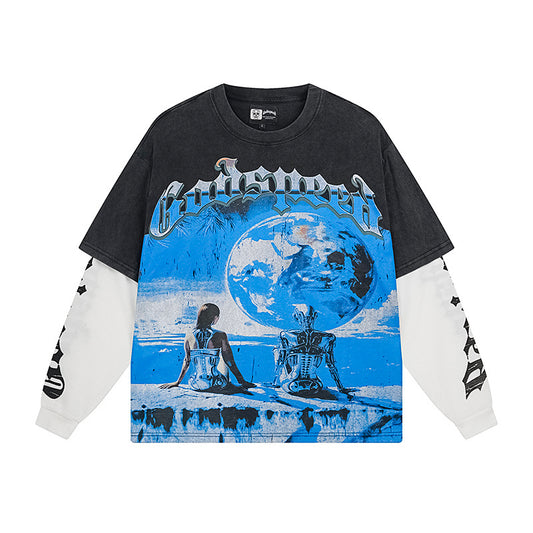 Black Street Vintage Washed Layered T-Shirt (Crafted Print) 1155
