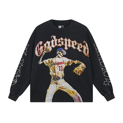 Men’s Black Street Vintage Washed Long Sleeve T-Shirt (Crafted Print) 1158