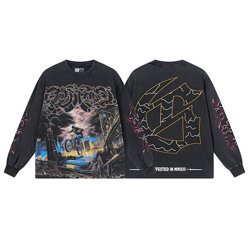Black Street Vintage Washed Long Sleeve T-Shirt (Crafted Print) 1173