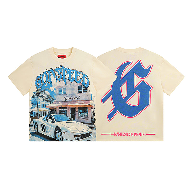 Camiseta beige lavada vintage para hombre (estampado artesanal) 3070